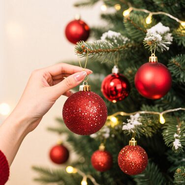 Набір прикрас для ялинки 101 шт. з пластикових кулі, рожеве золото, матові, блискучі, з шишками та стрічками для декору ялинки, вечірки, дому (червоний)