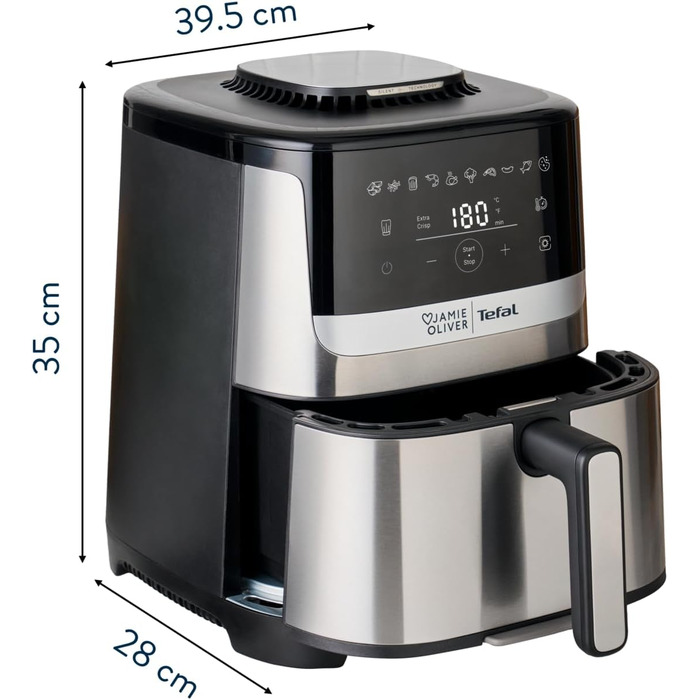 Аерофритюрниця Jamie Oliver by Tefal Easy Fry Silence Deluxe EY55JDE0, тиха, 5 л, 10 програм, цифровий сенсорний дисплей, з решіткою та кришкою, чорний/нержавіюча сталь