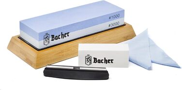 Преміум точильний камінь Bacher. Двобічний, зернистість 400/1000. Точило для ножів з антиковзним бамбуковим блоком, камінь для заточування, допоміжний інструмент для заточування та детальна інструкція у форматі eBook.