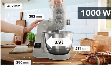Bosch Kitchen Machine Series 4 MUM5XL72, integrated scale, 2x 3.9L bowls & MUZ5EB2, 550ml, homemade ice cream, sorbet, and frozen yogurt, white, compatible with Kitchen Machine Series 4 Grey / Silver 6 Accessories Bundle with ice cream maker