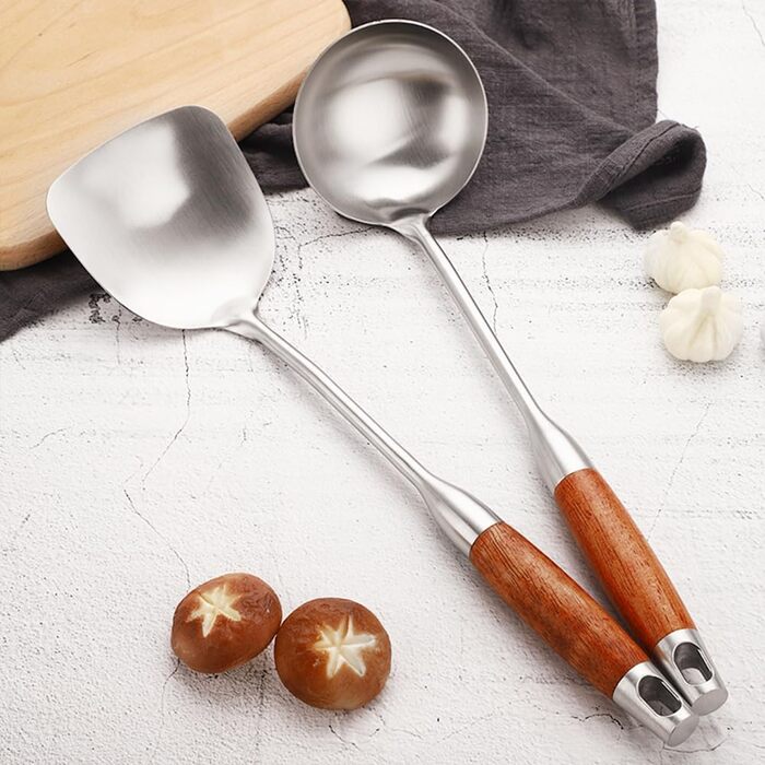 Набір кухонного приладдя з нержавіючої сталі 4 шт. (лопатка, шумовка, сито, лопатка для перевертання), з дерев'яною ручкою, придатний для миття в посудомийній машині