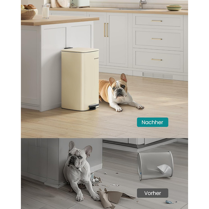 Відро для сміття SONGMICS з педаллю, сталеве, з внутрішнім відром, Soft-Close, 30 л, пісочно-бежевий