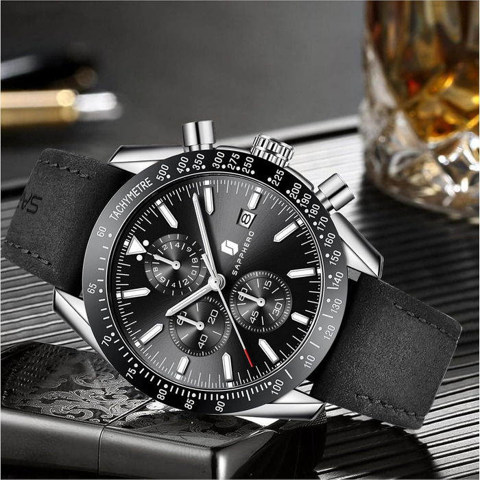 Годинник чоловічий BENYAR Chronograph з кварцовим механізмом, аналоговий, з шкіряним ремінцем. Стильний дизайн для бізнесу, спорту та повсякденного носіння. Водостійкість 30M. Елегантний подарунок для чоловіків (чорний ремінець, сріблясте корпус, чорне ци