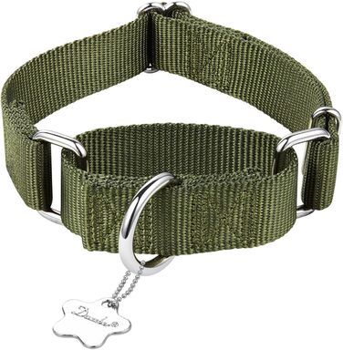 Нашийник для собак Dazzber Martingal, регульований, міцний, анти-тяга, нейлон, для великих/середніх/маленьких собак (L(42-66см), великий: 43-65см, середній: 36-53см), військовий зелений