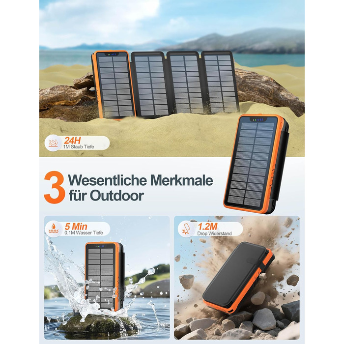 Сонячний павербанк 26800mAh elzle з 2 USB-A виходами та 1 USB-C входом, водонепроникний зовнішній акумулятор з 4 сонячними панелями та ліхтариком для смартфонів, планшетів, кемпінгу (Помаранчевий)