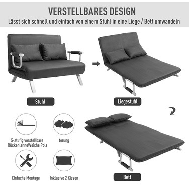 HOMCOM 2-Seater Sleeper Sofa with Armrest 65x69x80cm 3-in-1 Sleeper Chair, Guest Bed, Foldable Mattress, Faux Velvet, Gray | Aosom