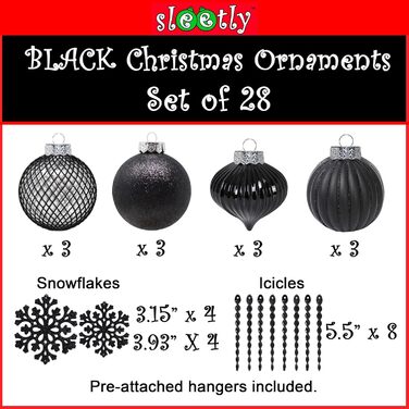Чорні новорічні прикраси SLEETLY 28 шт. - кулі, льодинці, сніжинки. Стійкі до пошкоджень, пластикові