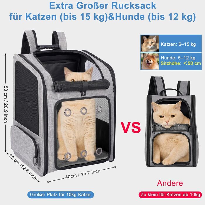 Транспортна переноска для собак та котів великого розміру з колесами, складана, рюкзак для собак до 15 кг, з прозорим вікном, сірого кольору