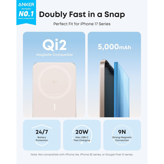 Powerbank Anker Nano: 5000mAh, Qi2, 15W, MagSafe, Золотий