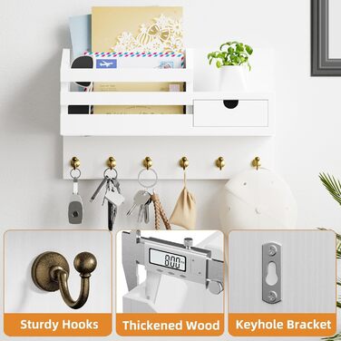 Настінна органайзер для ключів з 6 гачками та шухлядою, дерев'яна полиця для ключів, настінний тримач для ключів, для прихожей, вітальні, офісу (білий)