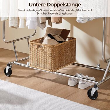 Yaheetech Clothes Rack Coat Rack with 2 Extendable Clothes Rods Freestanding on Wheels Height Adjustable Holds up to 130 KG