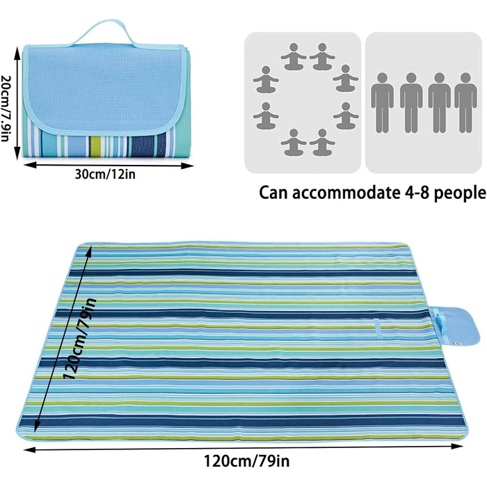 WAIZHIUA велика пікнікова ковдра 200 x 200 см, вологостійка, для пляжу, парку, кемпінгу, сімейних концертів, похідів, блакитна