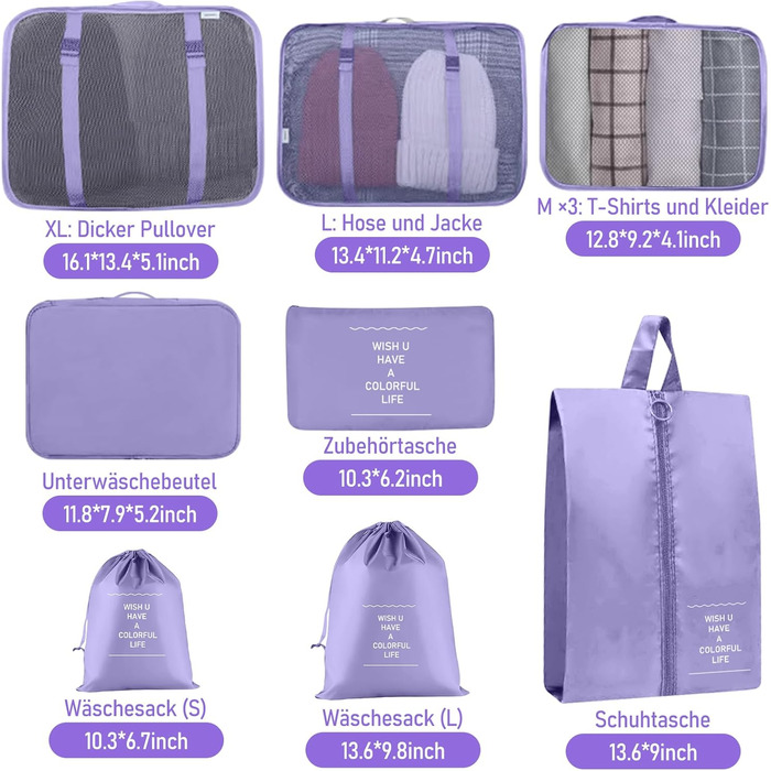 Органайзер для валізи, набір 10 шт. Packing Cubes, аксесуари для подорожей, косметичка, набір для валізи (фіолетовий)