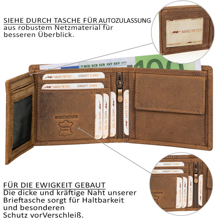 Marc Peter® Genuine Leather Wallet Hanover | Wallet for Men with RFID Protection | Large 10 Compartments Card Holder | Vintage Brown Portemonnaie