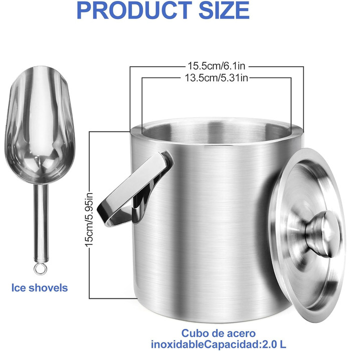 Ейскюбель 2L: Ізольований ейскюбель з кришкою та шуфлером з нержавіючої сталі. Ідеально для пива, шампанського, вина та напоїв.