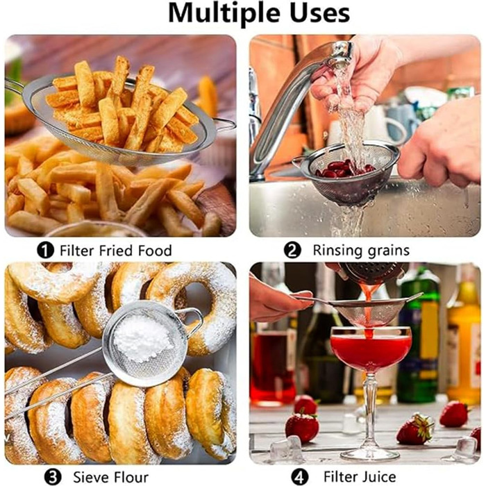 Набір кухонних сит з нержавіючої сталі, 3 шт (7/12/18 см), з посиленим руків'ям, дрібний сито, для випічки, приготування їжі, просіювання, соку
