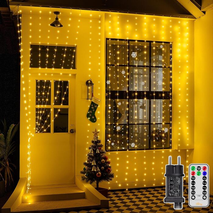 Льодосвітна штора Ollny для декорування фасаду 3x3м, 300 LED, 8 режимів, IP67, пульт, таймер, димування, для декору на Різдво, двері, стіни, вечірки, вікна, балкон (тепле біле світло)