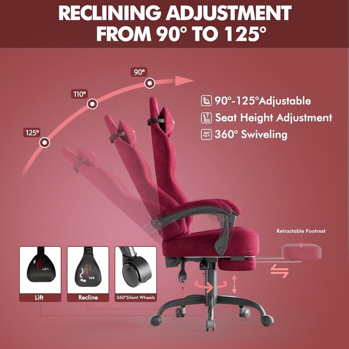 Ігрове крісло Ferghana Ergonomic Gaming Chair з оксамиту, з підтримкою попереку та підголівником, офісне крісло для геймерів та роботи (Червоне, LW220)
