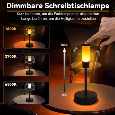 LED настільна лампа Homefire з акумулятором, диммуванням та USB-C зарядкою. Чорна металева лампа з акрилом, сенсорне керування, 1800K-6500K, з функцією пам'яті для дому