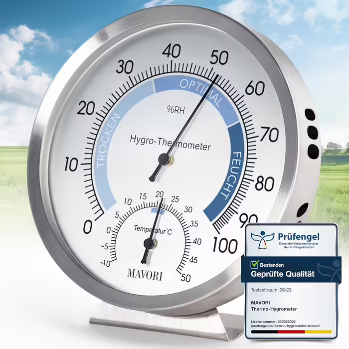 MAVORI® 2in1 Indoor Analog Hygrometer and Thermometer made of Stainless Steel - Analog Thermometer Hygrometer - Temperature and Humidity Meter for a Healthy Indoor Climate - Ø 12.5cm