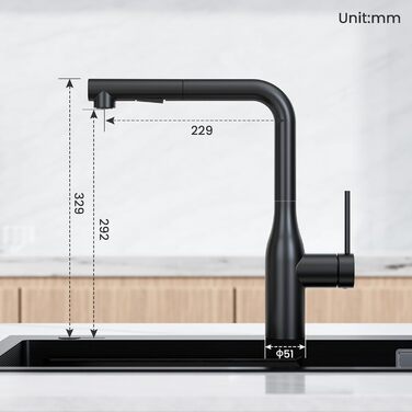 Кухонний змішувач CECIPA висувний, чорний, 360° поворот, міцний, без витоків, легка установка, з витяжною насадкою, матовий чорний