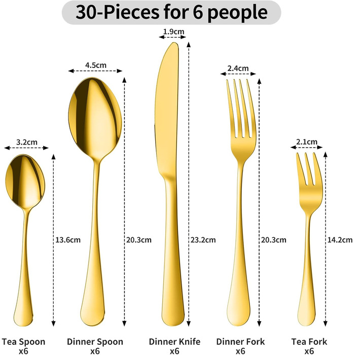 Набір столових приборів Aoeeppa на 6 осіб (30 предметів) з нержавіючої сталі, золотий