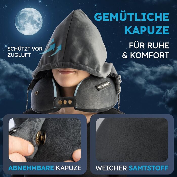 Подушка для шиї Comfy від HELDENWERK для подорожей: Memory Foam, 6-позиційна, для авто/літака, зручна, дихаюча, миюча (темно-сіра)