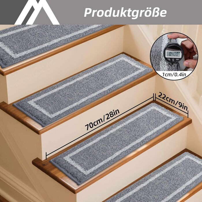 Ковзаючі килимки на сходи COSY HOMEER, 70x22 см, 15 шт., самоклеючі, з антиковзаючою основою, машинне прання, 100% поліестер, TPE, сірий колір