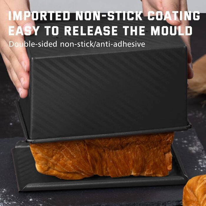 Loaf Pan with Lid, 21 x 12 x 11 cm Rectangular Pullman Bread Toast Mold 450g Dough Bread Baking Pan, Black Carbon Steel Non-Stick Toast Bread Pan Baking Pans for Loaf Pastries