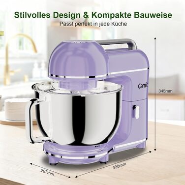 Кухонна машина Camic 2000W: планетарний міксер з чашею з нержавіючої сталі 7л, 10 швидкостями, набором насадок та захистом від бризок, світло-фіолетова