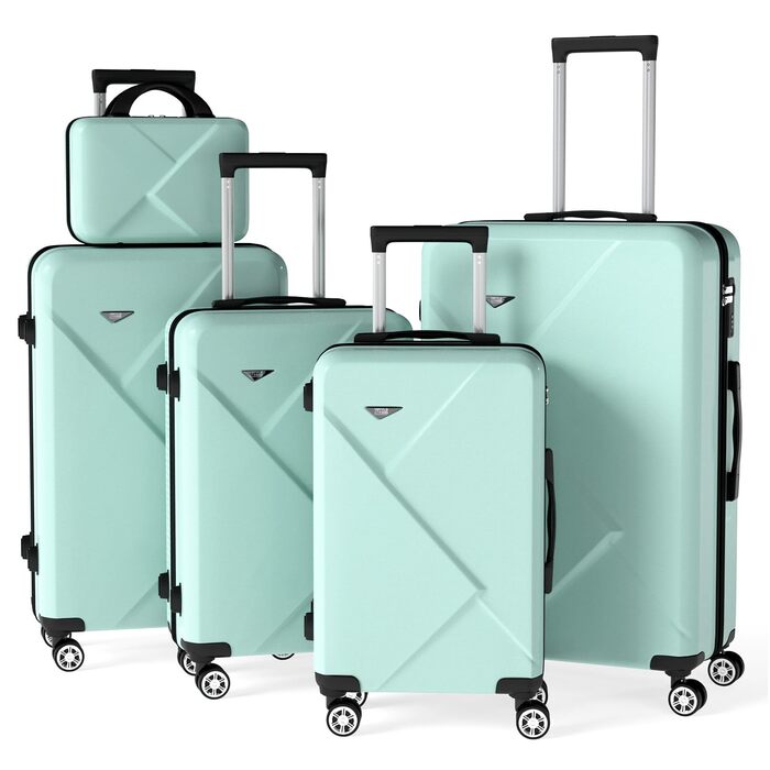 Набір валіз Ystyle Kofferset 5 шт: 12', 18', 20', 24', 28' + косметичка. ABS, 360° колеса, TSA-замок. Ідеально для подорожей Європою, круїзів та навчання за кордоном. Колір: м'ятний.