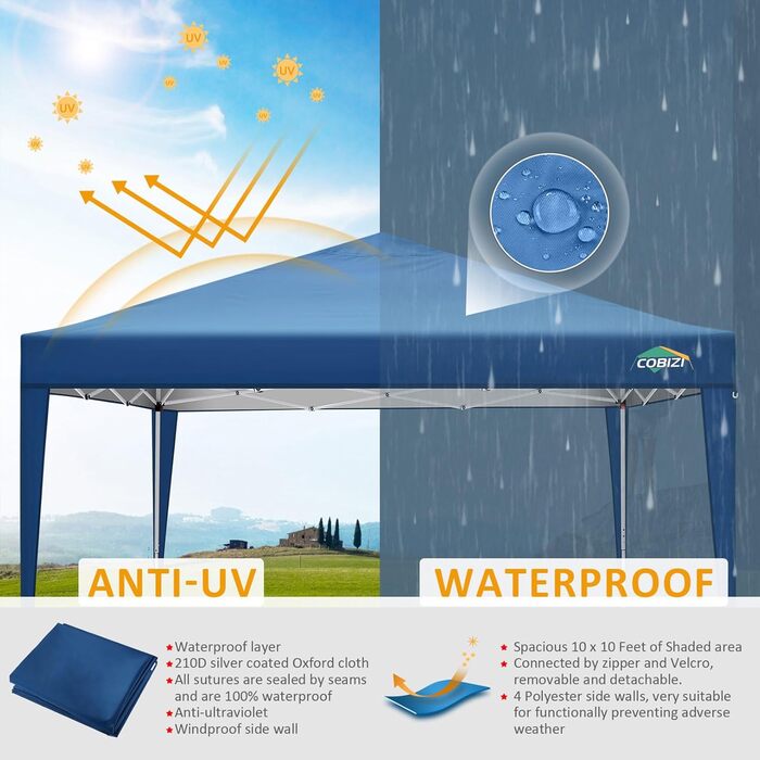 COBIZI Pavilion 3x3, Folding Pavilion 3x3 Waterproof Stable Winterproof | 8x Pegs | 4x Wind Rope | UV Protection 50+ | High-Density Tarpaulin | Pop-up Pavilion Folding 3x3m Tent 3x3 Party Tent (Blue)