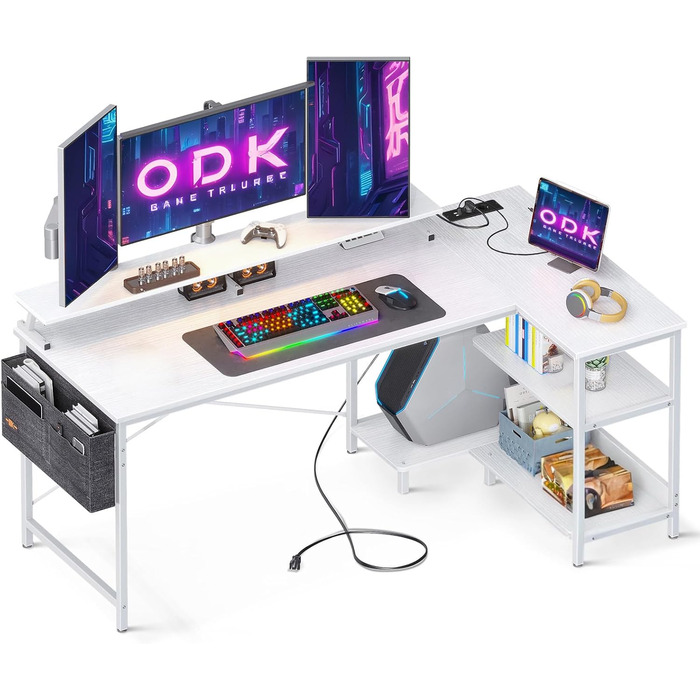 Письмовий стіл ODK L-подібний білий 147x80 см з USB-розеткою, ігровий комп'ютерний стіл з полицею та підставкою для монітора, офісний кутовий стіл