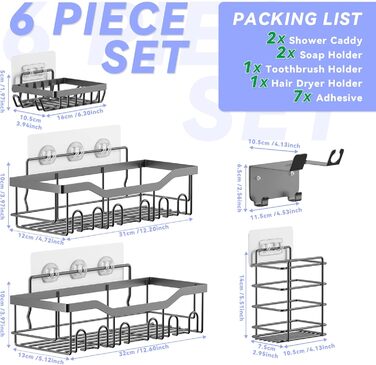 Поличка для душу без свердління, 6 шт. Регулятор для ванної кімнати з тримачем для фену та гачками, поличка для душу з нержавіючої сталі, настінна, самоклеюча, органайзер для ванної кімнати та кухні сірого кольору