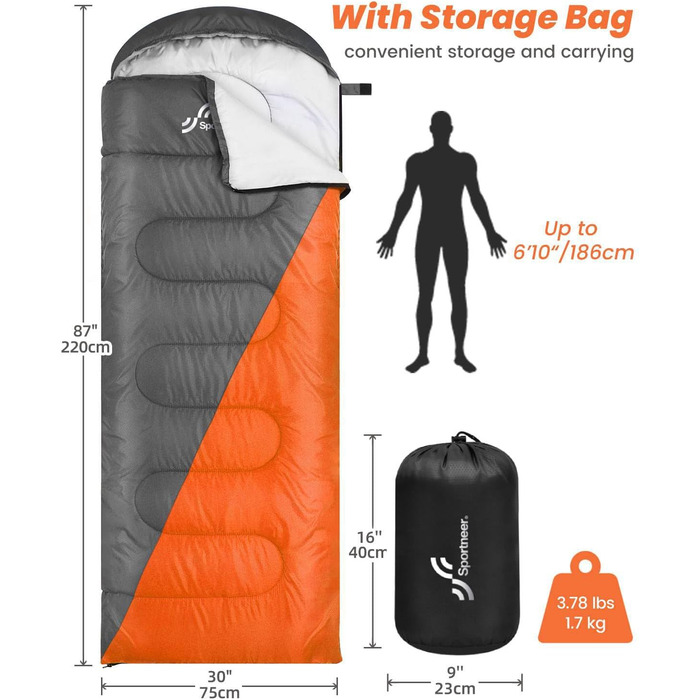 Сплячий мішок Outdoor Sportneer для кемпінгу: 3-4 сезонний, ультралегкий, 220x75 см, для дорослих