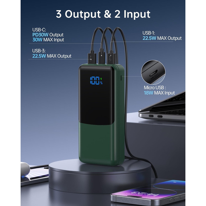 Power Bank Coblob 27000mAh з LED дисплеєм, 3 входами/виходами, USB-C 30W, для смартфонів, планшетів, AirPods та іншого (темно-зелений)