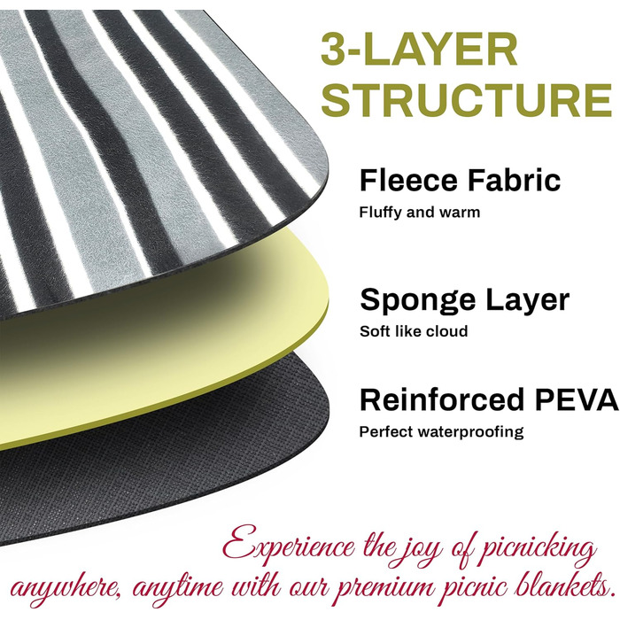 Водонепроникний плед для пікніка 3-шаровий, з флісу, для пляжу, кемпінгу, сімейний, чорно-сірий в клітинку