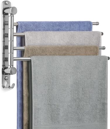 Підставка для рушників настінна поворотна 180° з нержавіючої сталі, 4-х віяльна, для ванної, кухні та гардеробу, срібляста