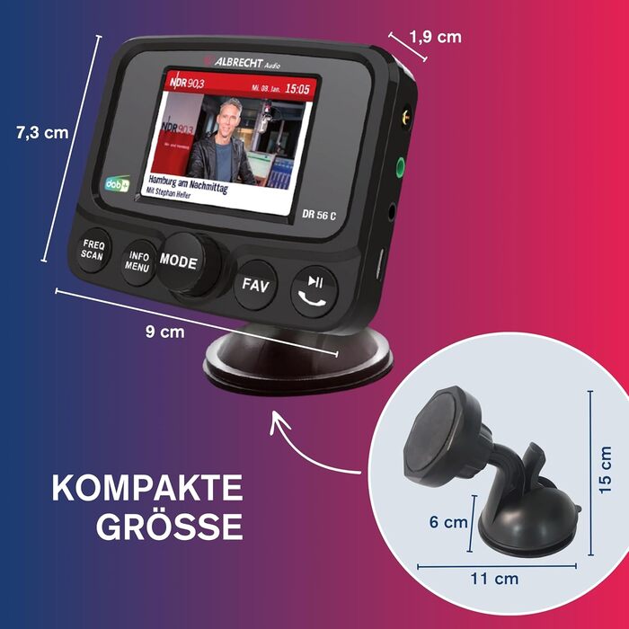 DAB+ адаптер Albrecht DR 56 C для автрадіо з FM-трансмітером, музичний стрімінг, кольоровий дисплей, чорний