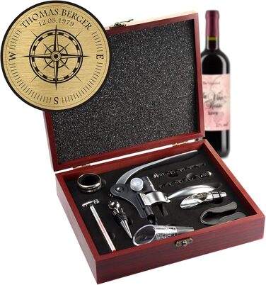 Набір сомельє AMAVEL з 10 аксесуарів для вина, подарункова коробка з дерева з табличкою та персоналізованим гравіюванням компаса, ідеальний подарунок для поціновувачів вина, компас - персоналізований