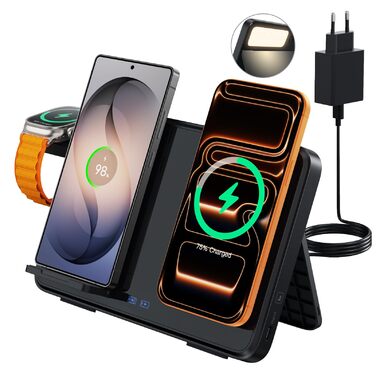 Бездротовий зарядний пристрій 4-в-1 для iPhone та Samsung: складна індуктивна станція з нічником для Apple Watch та AirPods, адаптер PD 30W, чорний