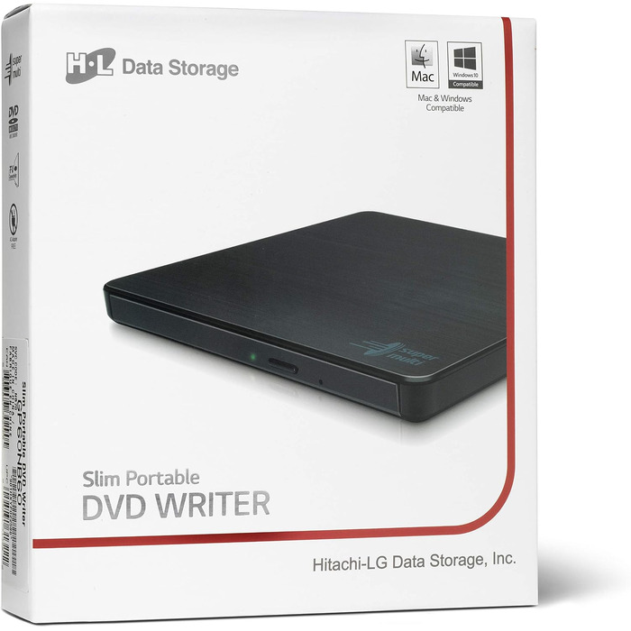 Зовнішній DVD-привід Hitachi-LG GP60, портативний Slim DVD-записувач та плеєр для ноутбука, USB 2.0, швидкість 8x, сумісність з Windows та Mac OS, чорний