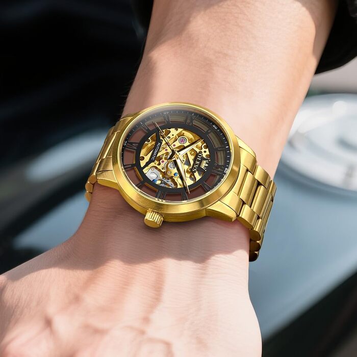 Чоловічий годинник OLEVS Tourbillon автоматичний механічний, люксовий класичний годинник зі сталевим ремінцем, водонепроникний, підсвічування (Золотий ремінець, чорний циферблат)