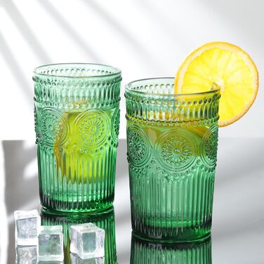 Joeyan 350ml Green Drinking Glasses Embossed with Sunflower Patterns, Vintage Colored Glasses Dishwasher Safe, 4-Piece Set of Colorful Glass Water Glasses for Juice, Drinks, and Cocktails