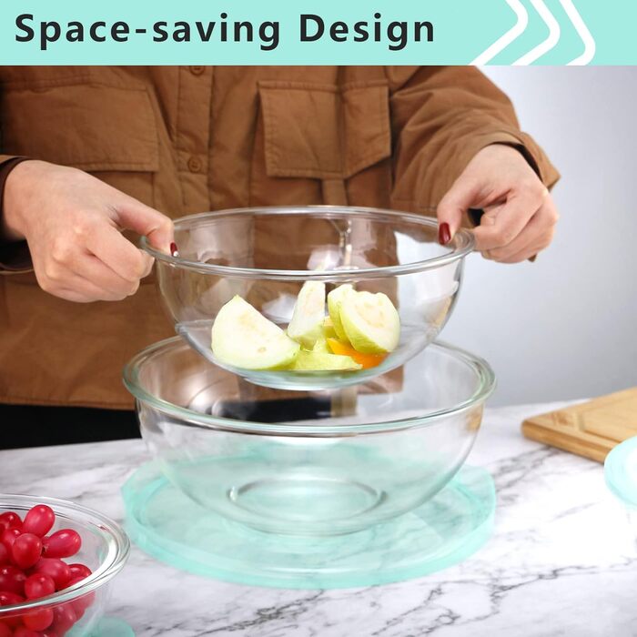 Set of 4 Glass Bowls with Lids (0.95L, 1.5L, 2.4L, 3.5L), Large Round Salad Bowls, Baking Bowls, Microwave and Dishwasher Safe for Mixing, Storing, and Serving