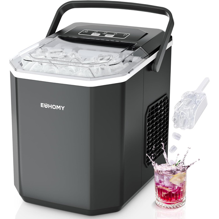 EUHOMY Ice Maker - Countertop Ice Machine, Stainless Steel, 12kg/Day Capacity, 9 Cubes in 6 Minutes, 2 Sizes, for Home, Kitchen, Office, RV - Black