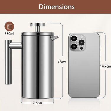 Make a French Press Coffee Maker, 1500 ml large insulated French Press, double-walled insulated stainless steel, 3-stage filter system, French press for home, camping and office, Silver (350ML)