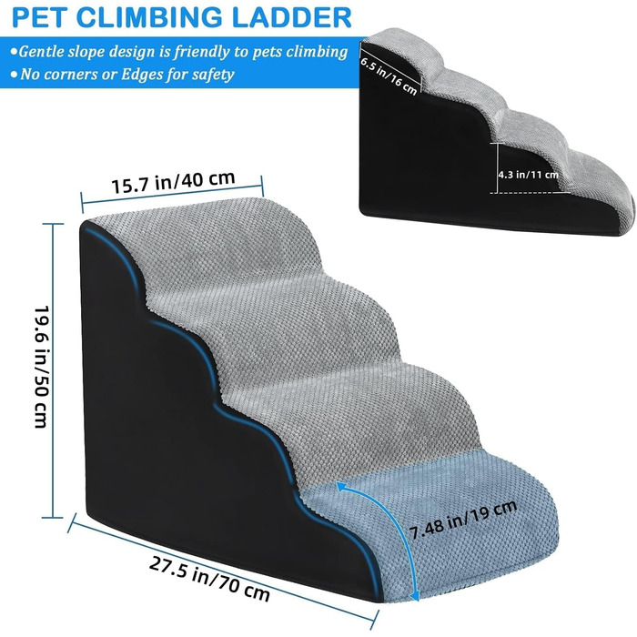 LIANTRAL Dog Stairs, 3 Steps Dog Stairs for Bed and Sofa made of High-Density Sponge, Cat Stairs Dog Ramp with Removable, Washable Cover and Pet Hair Remover Roller, 40 cm High (4 Steps Grey & Black)