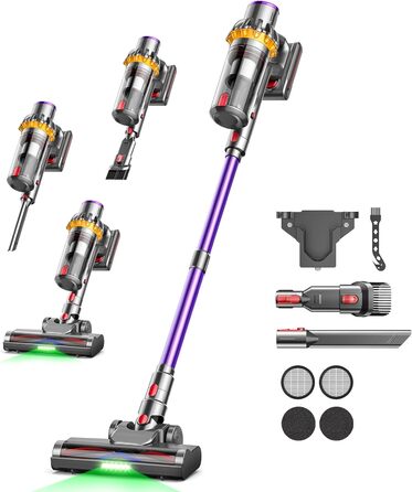 Бездротовий акумуляторний пилосос 45000 Па/580 Вт/70 хв, легкий, 6-в-1, з LED дисплеєм, станцією зарядки та насадкою проти спутання шерсті, для твердих поверхонь, килимів та шерсті тварин