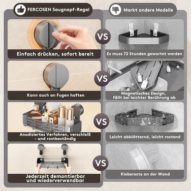 Тримач для душу FERCOSEN на присоску без свердління | 4 гачки, 32 см, 10 кг, швидка установка | Знімна, нержавіюча шампунь-полиця для душу